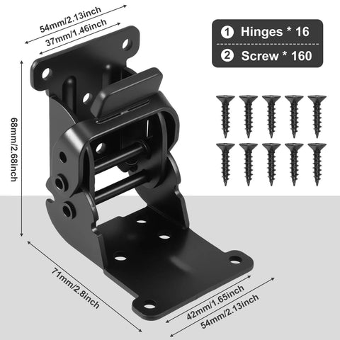 Heavy Hitter Locking Hinges 90 Degree Folding Table Leg Brackets with screws, black steel, 500 pound capacity, dimensions shown.