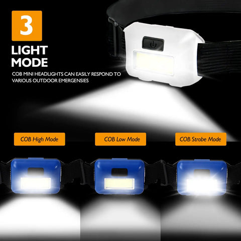 8 Pack LED Headlamp Flashlights for Adults and Kids With Ultra Bright Flood Light, 3 Modes displayed with light beams