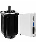 Rock Solid 3 Phase Stepper Motor And Driver Bundle With Ball Screw Rig for CNC routers, featuring a black motor and white driver.