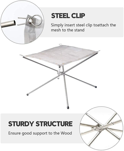 Ultra Portable 22 Inch Outdoor Fire Pit Collapsible and Foldable Mesh Design for Camping Campfire Patio Backyard and Garden with Carrying Bag Included Quick Setup for Easy Breezy Outdoor Nights; steel clip and sturdy frame details