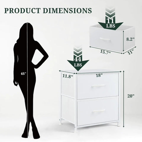 Cozy Two Drawer Nightstand With Removable Fabric Drawers And Wooden Top End Table dimensions and weight details.