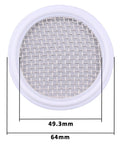 Front view of a white 2-inch PTFE sanitary gasket with stainless steel mesh screen for Tri-Clamp Clover, 10 mesh.