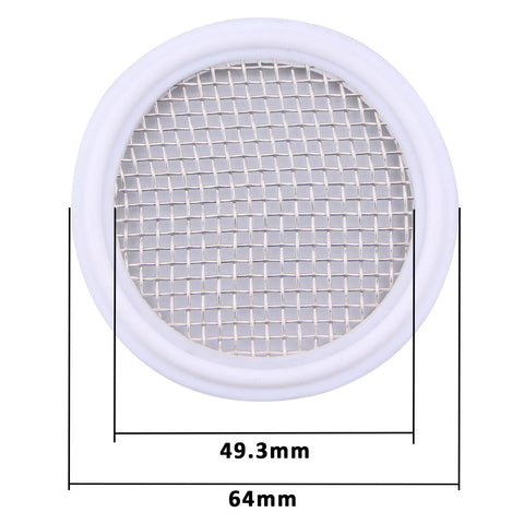 Front view of a white 2-inch PTFE sanitary gasket with stainless steel mesh screen for Tri-Clamp Clover, 10 mesh.