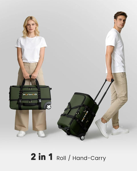 Ponhog green 21-inch rolling duffel bag with wheels; hand-carry and rolling luggage shown