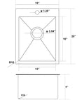 Diagram of Drop In Bar Sink 15x20 Inch Topmount Single Bowl Kitchen Sink, 16 Gauge 304 Stainless Steel dimensions