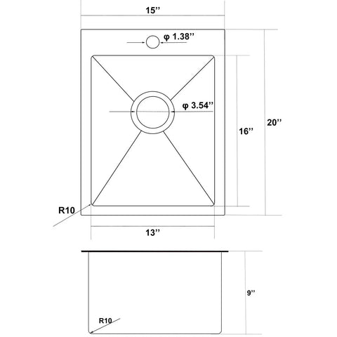 Diagram of Drop In Bar Sink 15x20 Inch Topmount Single Bowl Kitchen Sink, 16 Gauge 304 Stainless Steel dimensions