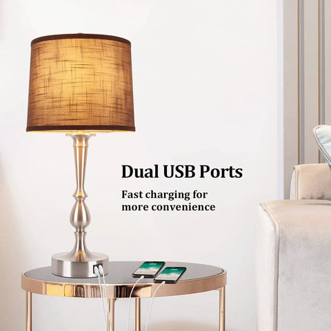 Set of 2 24.8 Inch Modern Table Lamps for Bedroom with Dual USB Charging Ports and 3 Way Dimmable Touch Control Nightstand Lighting