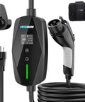 16 Amp Level 1 And Level 2 EV Charger With 110-240V Input, NEMA 6-20 Plug And 5-15 Adapter, 25 Foot Portable Home Charging Station For Easy At Home EV Power, SAE J1772 Ready showing charger and cables.