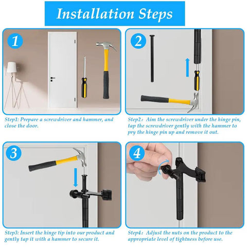 Installation steps for Heavy Duty Door Stops 8 Pack Adjustable Hinge Pin Metal With Rubber Bumper Tips Silver.