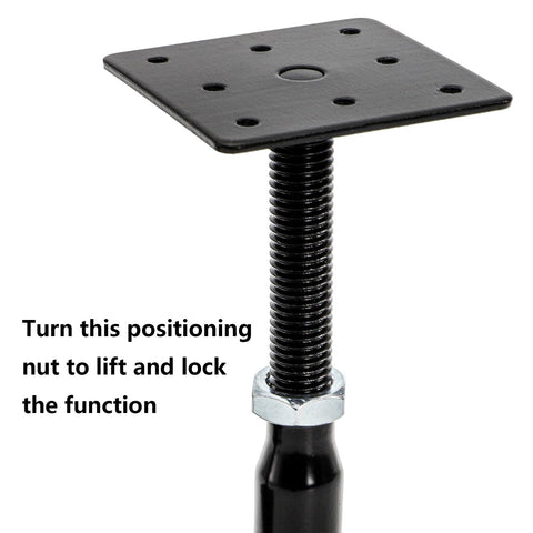 Built Tight Adjustable Support Jacks For Floors And Decks Featuring Rock Solid Screw Jack Posts For House Joist Stabilizing, close-up of screw jack's threaded post and base plate.