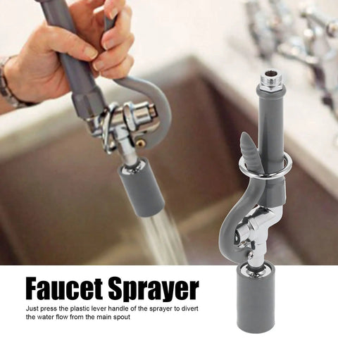 Close-up of Commercial Sink Sprayer Kit with High Pressure Rinse, showing easy-press lever and rubber nozzle preventing lime build-up.