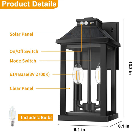 Rock Solid Solar Porch Light Outside With Smart Motion Sensor And Dusk To Dawn Auto Switch For Waterproof Garage Yard Gate and Front Door Security Zero Hassle Upkeep Outdoor Pathway Lamp product details with solar panel and switches.