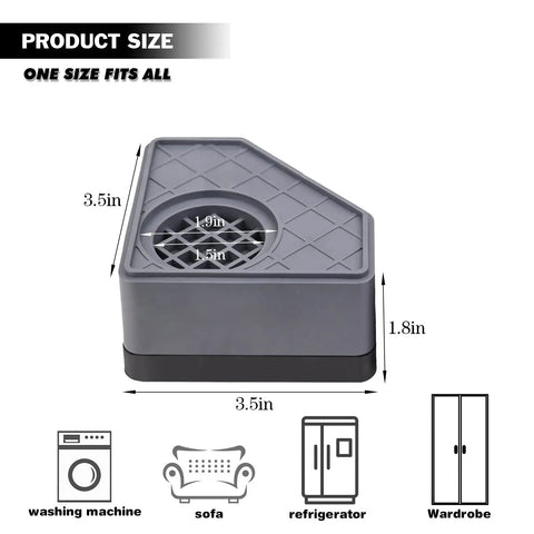 Heavy duty rubber shock absorbing pad 3.5x3.5x1.8in for washing machines, quiet no shake, anti slip grip, protect floors, 4 pack size info