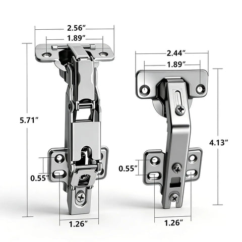 Dang Smooth Soft Close Hinges For Hidden Lazy Susan Corner Cabinets 4 Pack Cold Rolled Steel With Nickel Finish and Brass Bottom 135 165 Degree Install dimensions displayed