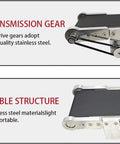 Built Different Desktop Conveyor Belt With Quick Speed Dial And Hella Smooth Anti Static Design For Zero Hassle Package Moving In Home Shops And Tiny Warehouses showing transmission gear and stainless steel structure.