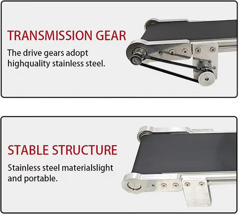 Built Different Desktop Conveyor Belt With Quick Speed Dial And Hella Smooth Anti Static Design For Zero Hassle Package Moving In Home Shops And Tiny Warehouses showing transmission gear and stainless steel structure.