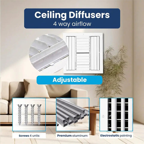 No Fuss Easy Fit 14x14 Aluminum 4 Way Vent Cover With Adjustable Curved Blade Dampers For Wall Or Ceiling Quiet HVAC Register