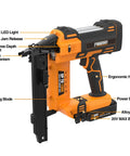 Hardcore 20V Cordless Fencing Stapler Kit Bundled With 16 Gauge 1 Inch Staples And Rock Solid 2AH Battery Plus Fast Charger And Roomy Tool Bag For Roughneck Builders close-up view of stapler features with ergonomic handle and LED light.
