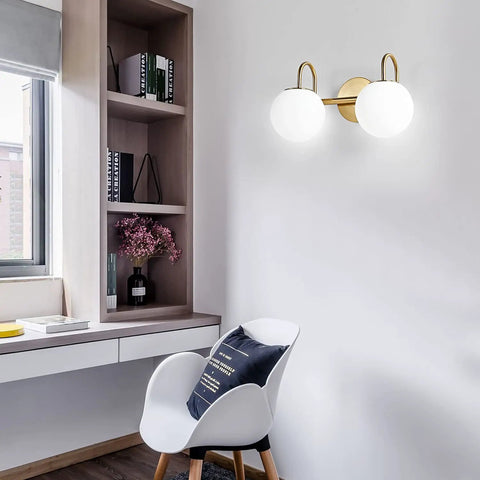 Modern Bathroom Vanity Light Fixtures With Two Lights Brushed Brass Finish And Milk White Globe Glass Shade Wall Bar Sconce