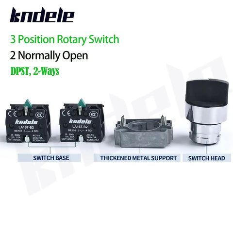 Three-Position Latching Rotary Switch With LED Status Indicators, 10A 660VAC DPST 2NO, IP65 Waterproof components shown