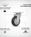 Heavy Duty Swivel Plate Caster Replacements Crafted From Solid Steel, Tough As Nails with rubber wheel for smooth rolling.