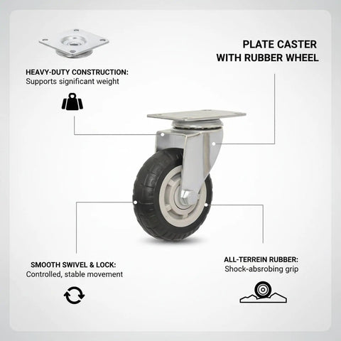Heavy Duty Swivel Plate Caster Replacements Crafted From Solid Steel, Tough As Nails with rubber wheel for smooth rolling.