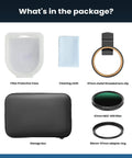 Dope 67mm Variable ND Filter 1 To 10 Stop For Phone And DSLR Cameras With Universal Clip And Adapter Ring package contents