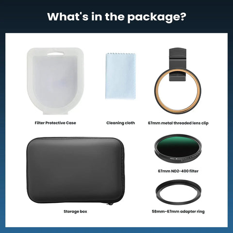 Dope 67mm Variable ND Filter 1 To 10 Stop For Phone And DSLR Cameras With Universal Clip And Adapter Ring package contents
