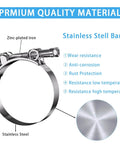 2 Pack 4 Inch T Bolt Hose Clamps With Working Range 108 To 116 MM For Four Inch Hose ID Turbo Intercooler Intake Clamp Set In Premium 304 Stainless Steel Anti Rust Corrosion Resistant Durable High Performance with labeled features.