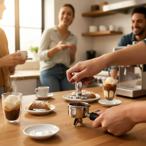 Person using Heavyweight Dual Sided Espresso Tamper Made From Durable Aluminum With 48 Millimeter And 53 Millimeter Ends at a coffee gathering