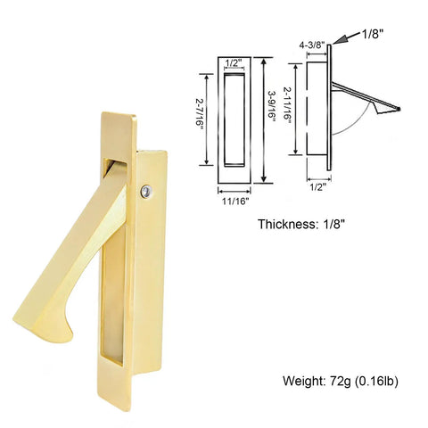 Pocket Door Passage Latch Set Satin Brass Square Handle Easy Install Privacy Lock with dimensions and weight details.