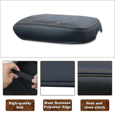 Nissan Frontier Center Console Armrest Cover That Fits 2022 2023 2024 2025 2026 With Vegan Leather Cushion Pad Thick Regular Orange Trim, close-up view of stitching and edge details.