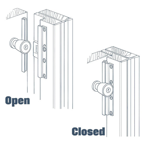 Heavy Duty 2 Pack Steel Door Latch Guard Plates 12 Inch Gray Painted Swing In Entry Door Strike Shields, showing open and closed positions.