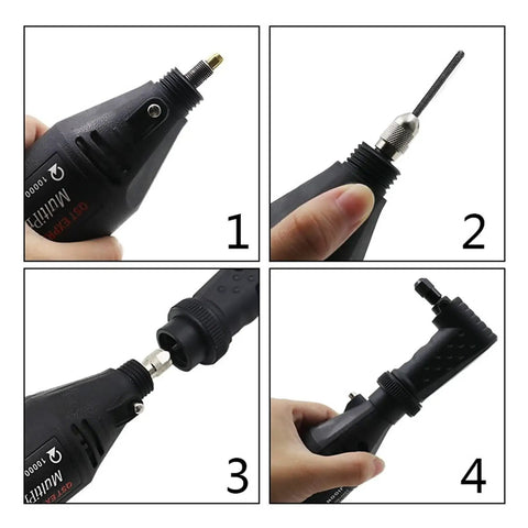 Image showing steps of using Heavy Duty Right Angle Converter for Rotary Grinders with tool attachments and grips.