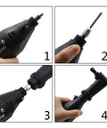 Right Angle Rotary Tool Converter Accessory shows assembly steps with ergonomic electric grinder extension for precise jobs.