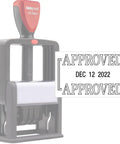 Heavy Duty Self Inking Date Stamp With Ergonomic Grip And Smooth Rolling Black Ink Rugged Office Workhorse Approved Style B Format showing date and approved stamp.