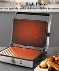 Mubenlife Multi Use Electric Panini Press And Contact Sandwich Grill with cast aluminum plates and dual heating elements.