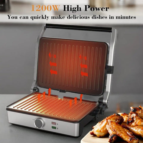 Mubenlife Multi Use Electric Panini Press And Contact Sandwich Grill with cast aluminum plates and dual heating elements.