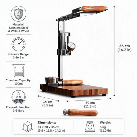 Portable Manual Espresso Maker With Adjustable Pressure Dial And 58 Mm Bottomless Portafilter Design showing stainless steel, walnut wood, and dimensions.