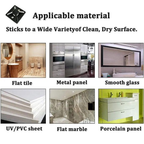 Variety of surfaces for Self Adhesive Cable Tie Mounts With Screw Holes 1x1 Inch Square Black Base Holder And Heavy Duty ABS Mounts