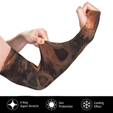Steampunk Mechanical Gears Cooling Arm Sleeves Crafted From Sweet Ice Silk Fabric Offers Top Grade UV Defense And Super Stretch Compression To Help You Crush Outdoor Grind While Keeping Upper Arms Fresh And Totally Fly All Summer Long