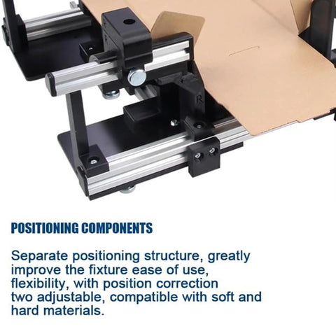 Manual Box Folding Tool With Adjustable Size Folding Fixture For Shipping Boxes, A Real Packaging Game Changer That Is Easy To Use, Built With Durable Aircraft-Grade Aluminum Frame And Fiber Reinforced Polymer Parts, For Various Industries. Positioning components on corrugated box