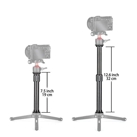 Pro Carbon Fiber Extension Rod For Camera Or Smartphone Two Section Telescopic Tripod Mast showing heights 7.5 inches and 12.6 inches.