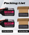 Packing list showing 2 1500mAh 4S LiPo Battery 130C Burst 260C with XT60 Plug and 2 carton boxes.