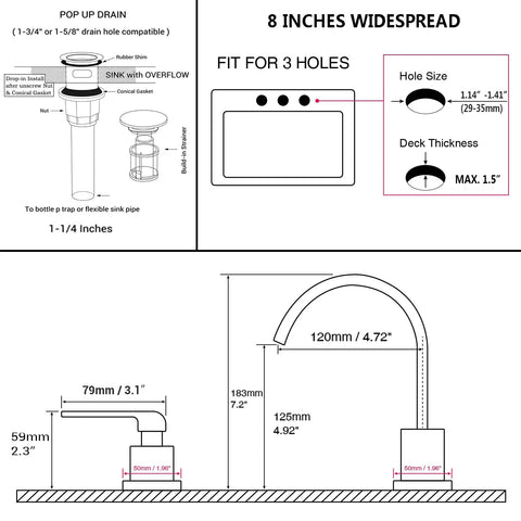 Installation diagram for Widespread 8 Inch Bathroom Faucet With Brushed Nickel Finish 3 Hole Square Sink Faucet Overflow Pop Up Drain CUPC