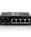 Front view of Six Port Unmanaged Ethernet Switch with four Gigabit RJ45 ports and two SFP fiber slots, ideal for local networking.