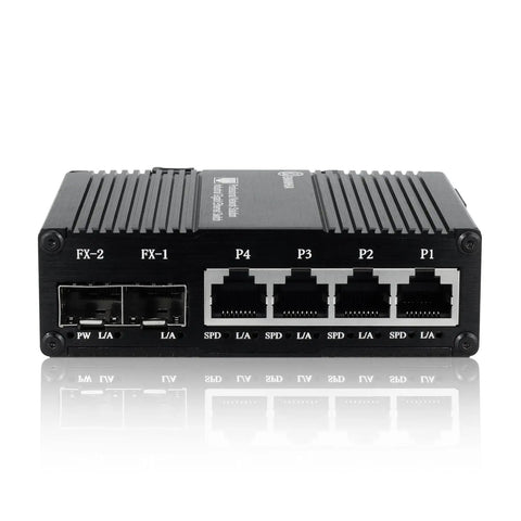 Front view of Six Port Unmanaged Ethernet Switch with four Gigabit RJ45 ports and two SFP fiber slots, ideal for local networking.