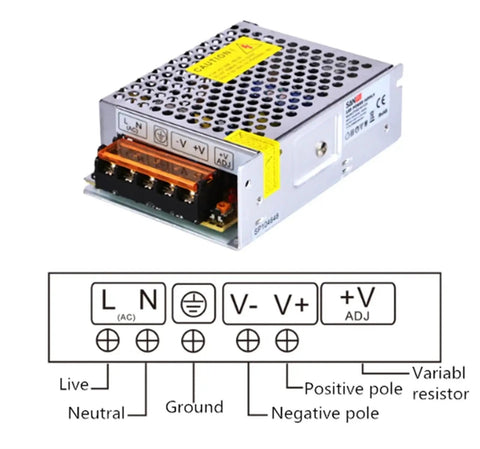 Beefy 5V LED Power Supply 60W Driver Kit With 12A Switch 110V 220V AC DC Transformer For LEDs Full Load Display Ready Reliable 5V DC Converter For Lighting Projects, wiring terminals shown