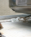 Beefy Steel Core Winch Cable With Swivel Hook Three Eighths Inch By 50 Ft Kink And Crush Resistant 14,000 Lbs Minimum Breaking Strength Safe Working Load 4,000 Lbs Made In USA securing vehicle to tow truck