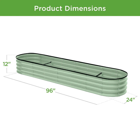 Oval Outdoor Metal Raised Garden Bed With 12 Inch Deep Planter For Veggies Herbs Flowers And Succulents, 8x2x1 Ft, 108 Gallon Capacity, Sage Green, Open Drainage Base with dimensions 96x24x12 inches